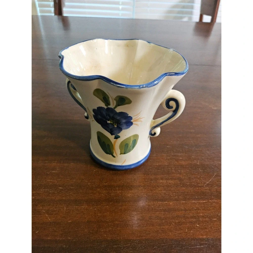 FTD Floral Vase Home Decor Small White Blue Handpainted Portugal Scalloped Rim